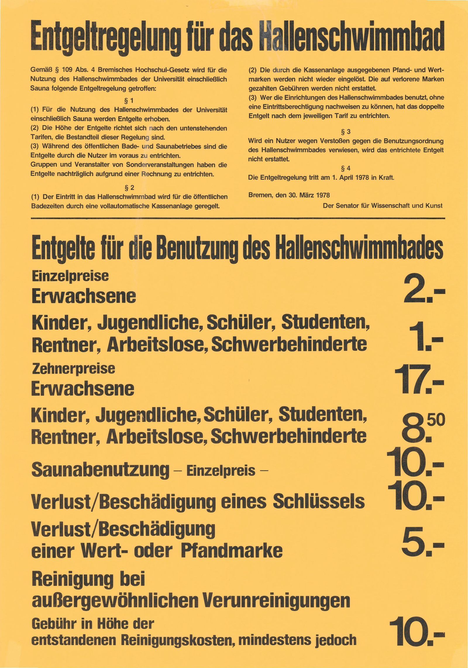 Preisliste Schwimmhalle