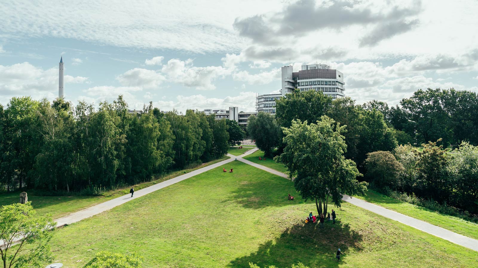 Campus-Park mit zwei sich kreuzenden Wegen, im Hintergrund das MZH Gebäude.