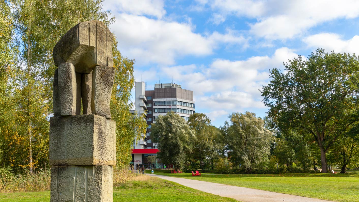 Eine Steinsäule steht auf einer Wiese im Campus-Park neben dem Weg zum MZH Gebäude. Es handelt sich um das Kunstwerk 