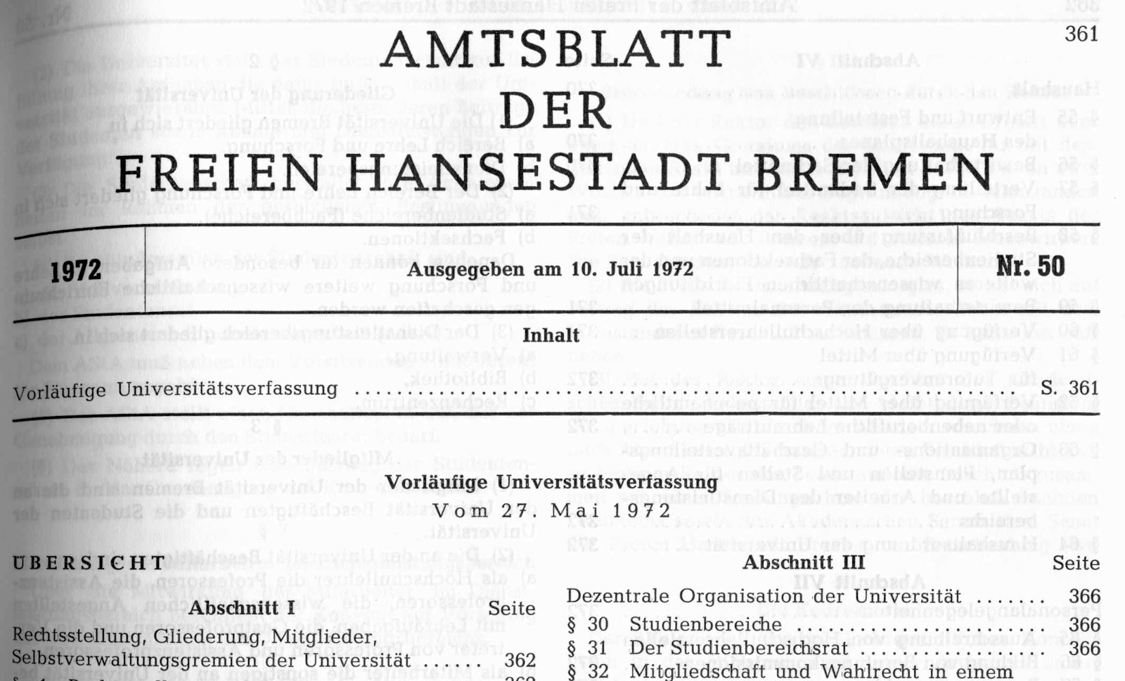 Auszug aus der Vorläufigen Universitätsverfassung vom 27.05.1972 aus dem Amtsblatt der Freien Hansestadt Bremen Nr. 50 vom 10. Juli 1972.